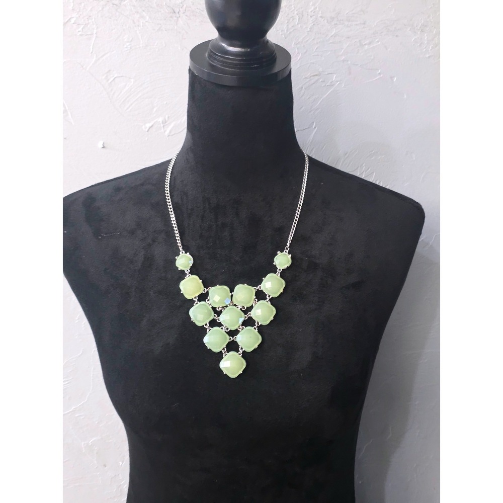 Mint Green Statement Bib Necklace Silver Tone Faceted Square Stone Adjustable